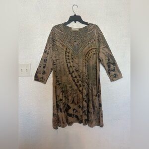 Cactus Women Brown Dress 3/4 Sleeves With Rhinestone Decorative Size XL